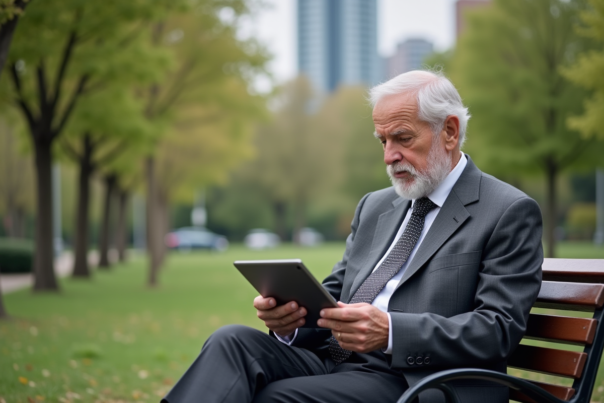 Homme senior analysant pension sur une tablette en parc