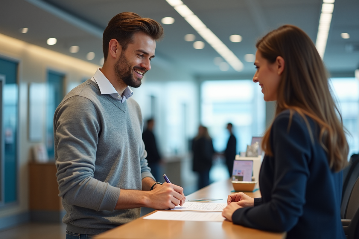 Homme au guichet bancaire en train de remplir un formulaire