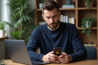 Homme utilisant une application crypto sur smartphone dans un appartement moderne