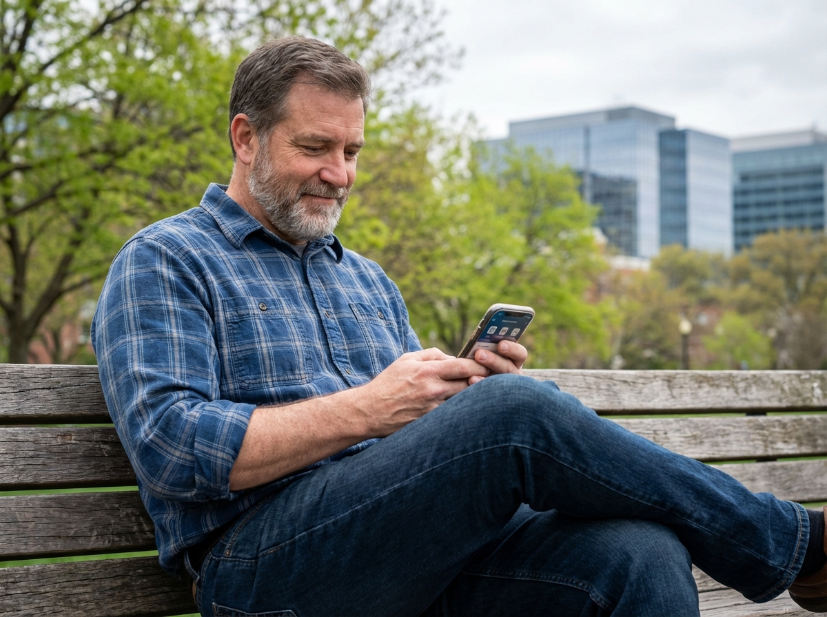 Homme utilisant smartphone dans un parc urbain