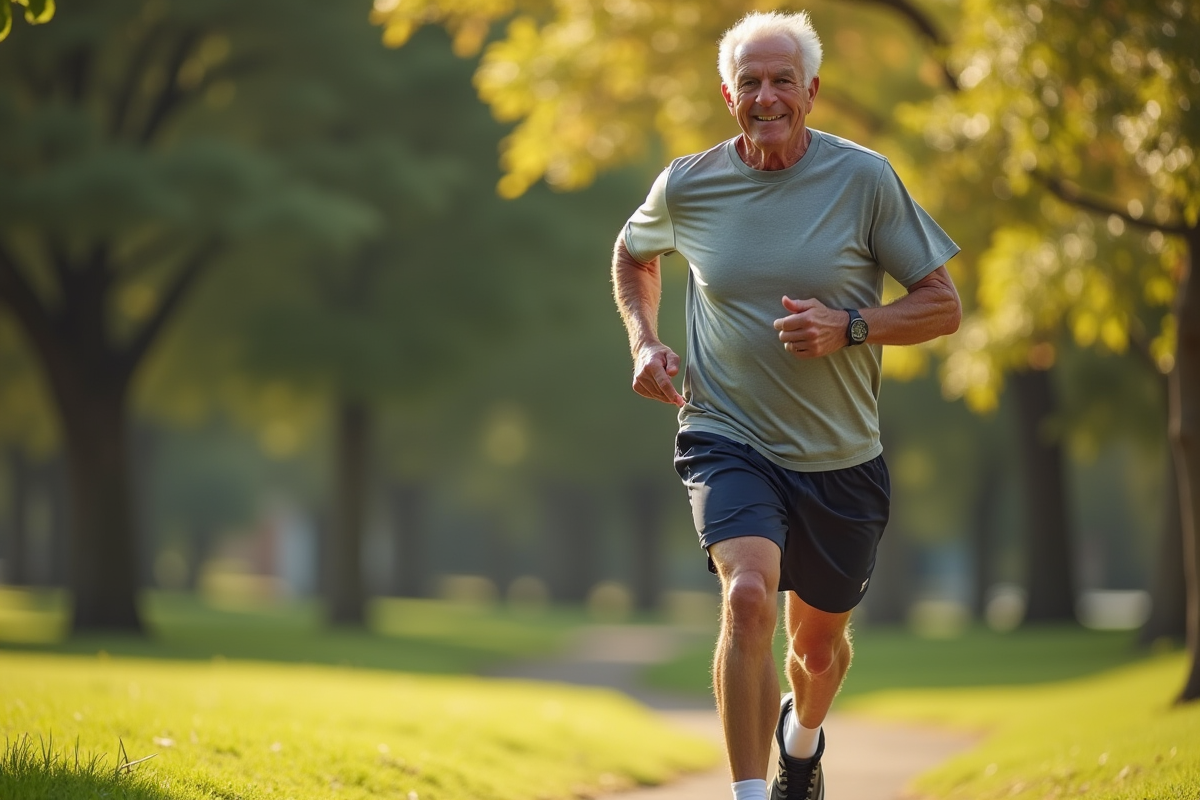 Senior homme faisant du jogging dans un parc ensoleille