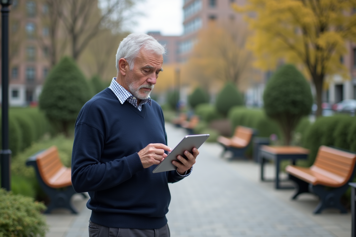 Homme âgé vérifiant son plan de retraite dans un parc urbain