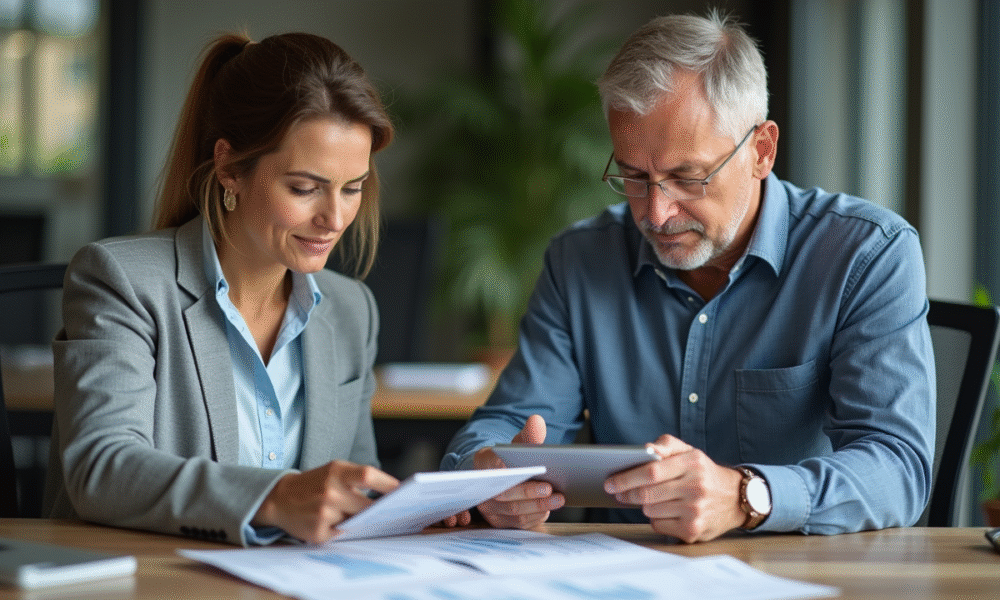 Homme et femme d'affaires analysant des documents financiers