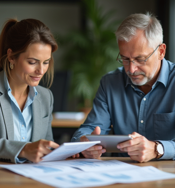 Homme et femme d'affaires analysant des documents financiers