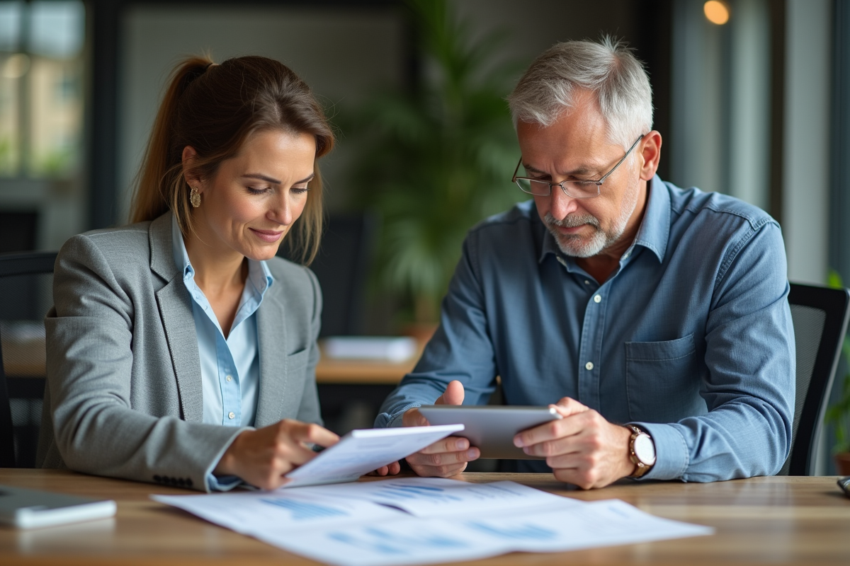 Homme et femme d'affaires analysant des documents financiers