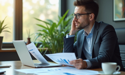 Investisseur confiant examinant rapports de dividendes et graphiques