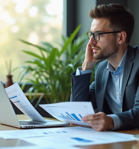 Investisseur confiant examinant rapports de dividendes et graphiques