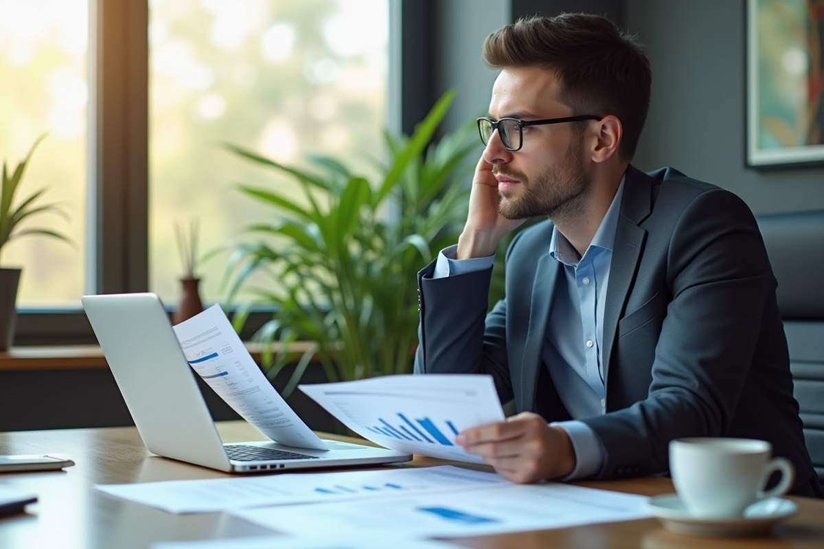Investisseur confiant examinant rapports de dividendes et graphiques