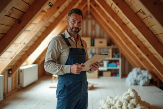 Ouvrier en combinaison montrant l'isolation dans un grenier