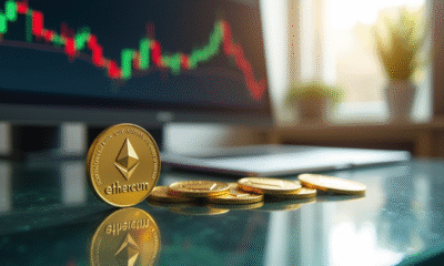 Jeton Ethereum doré sur un bureau moderne avec graphiques financiers