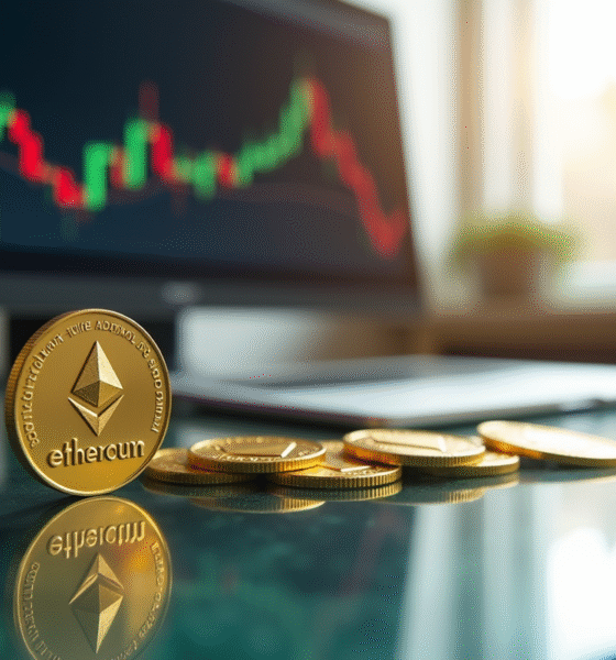 Jeton Ethereum doré sur un bureau moderne avec graphiques financiers