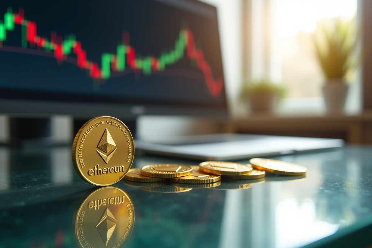 Jeton Ethereum doré sur un bureau moderne avec graphiques financiers