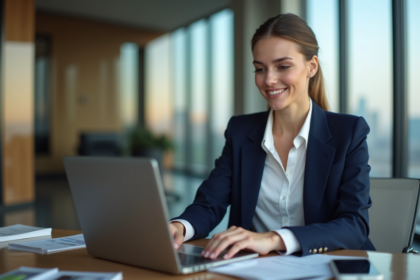 Jeune femme en costume analyse des graphiques financiers