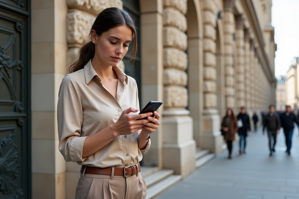 Jeune femme regardant une application financière devant la bourse