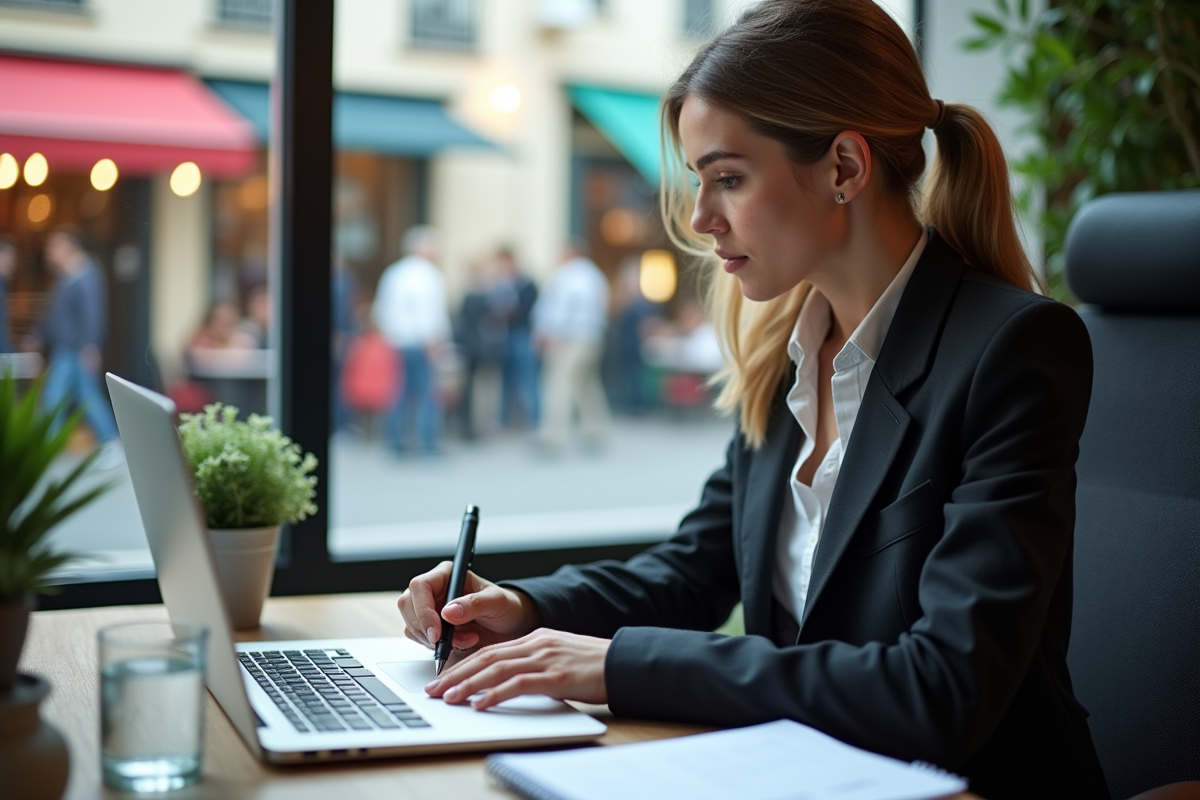 Jeune femme française analysant ses impots au bureau