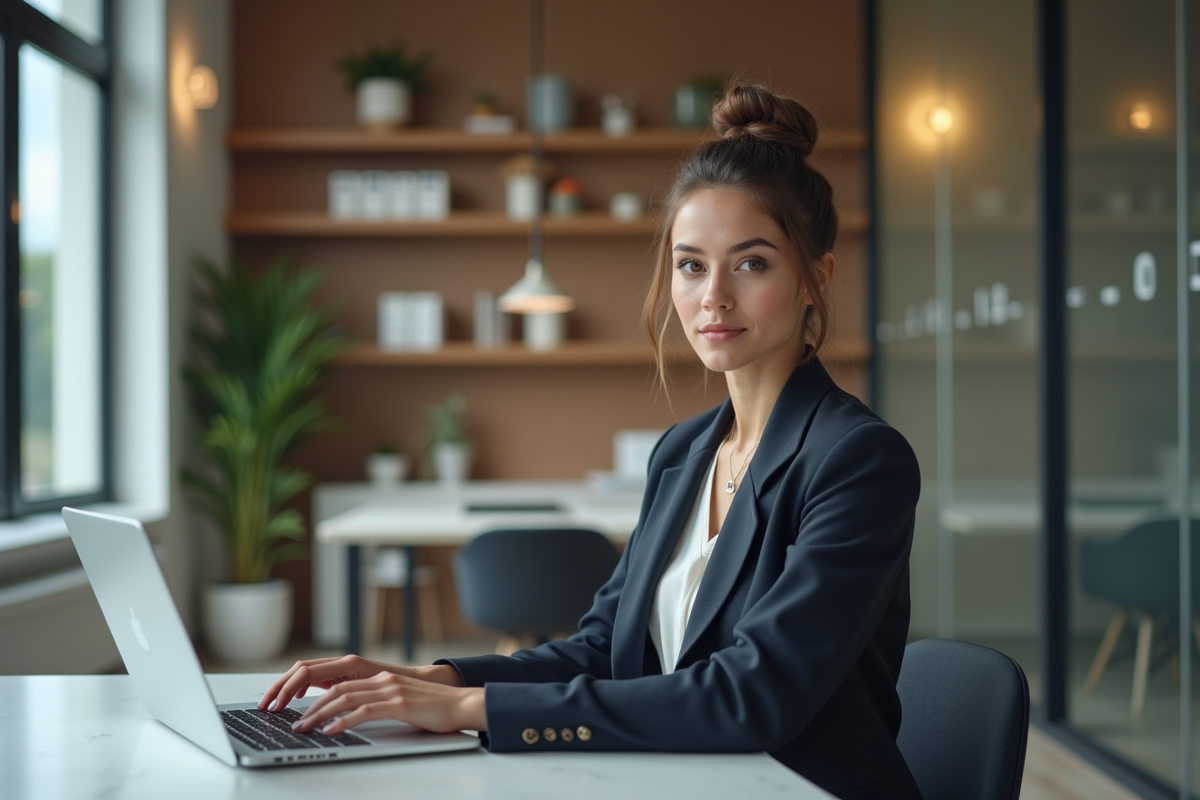 Jeune femme professionnelle travaillant sur un ordinateur dans un bureau moderne