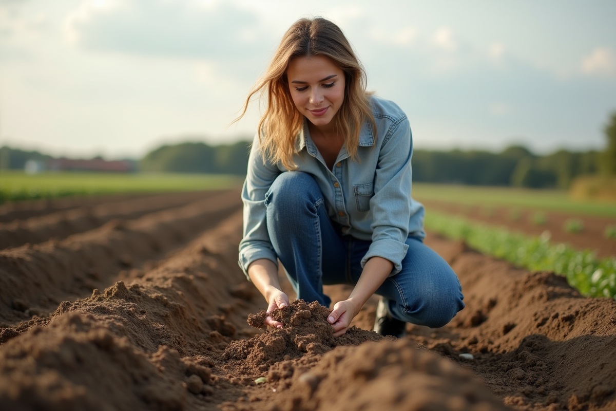 Jeune femme analysant la terre dans un champ agricole