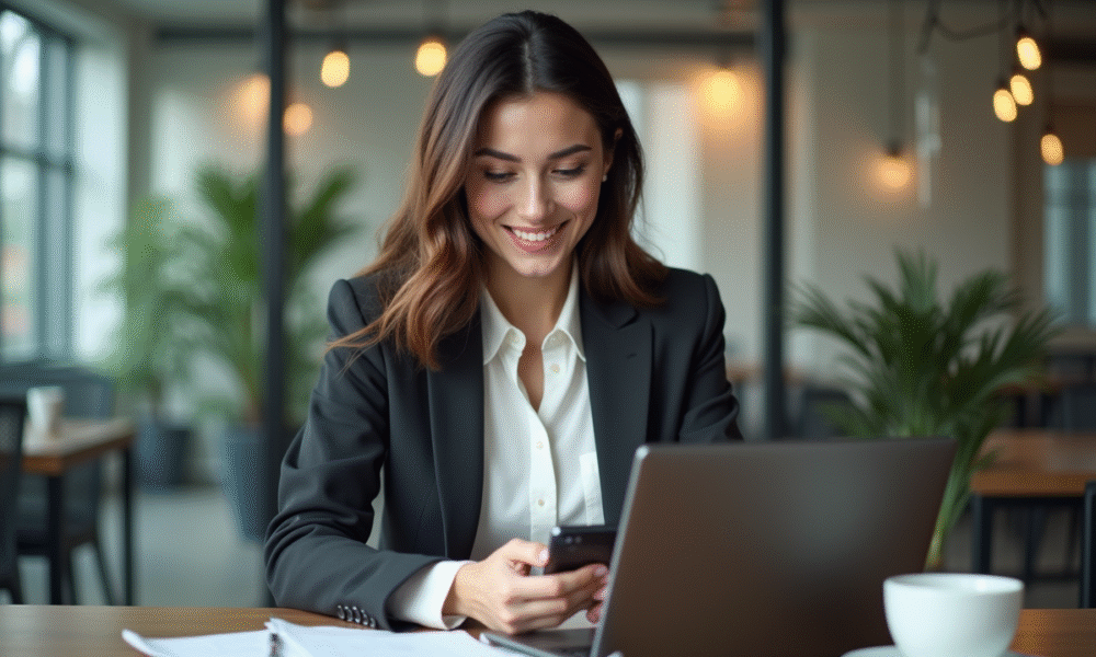 Jeune femme professionnelle souriante utilisant son smartphone au bureau