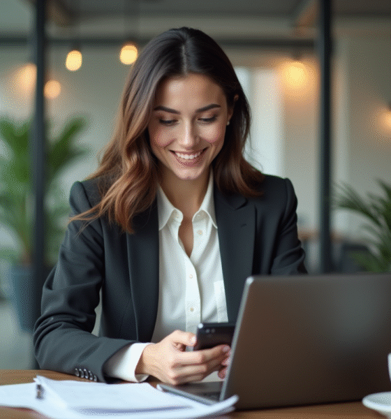 Jeune femme professionnelle souriante utilisant son smartphone au bureau
