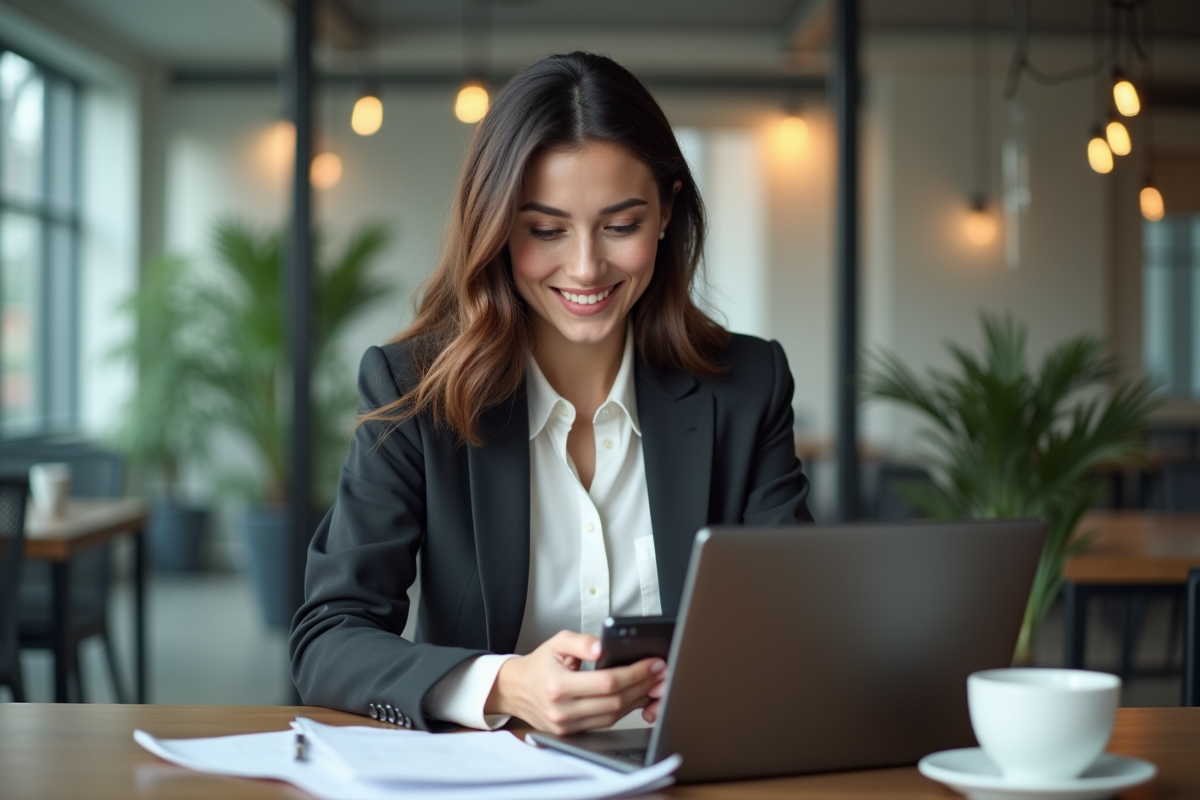 Jeune femme professionnelle souriante utilisant son smartphone au bureau