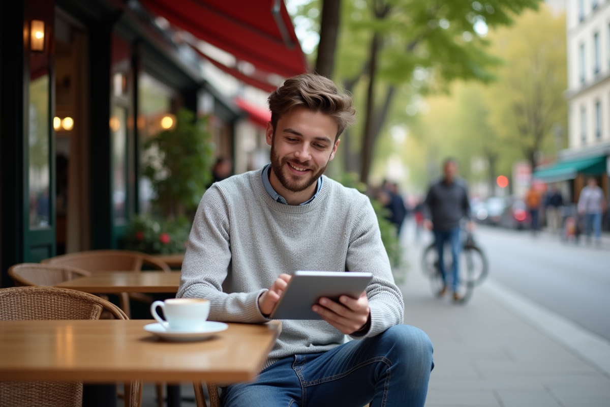 Jeune homme au café parisien utilisant une tablette
