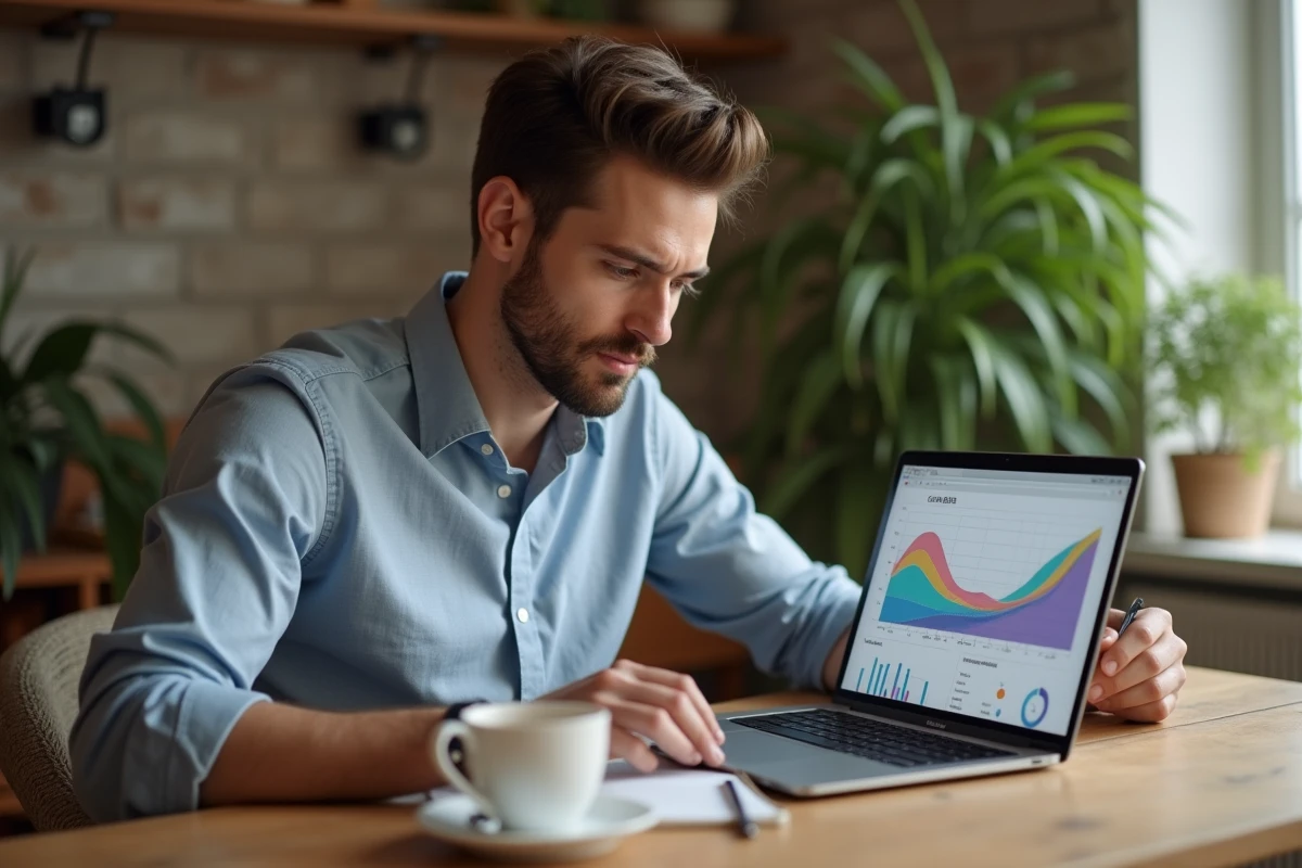 Jeune homme étudiant un graphique sur son ordinateur portable à la maison