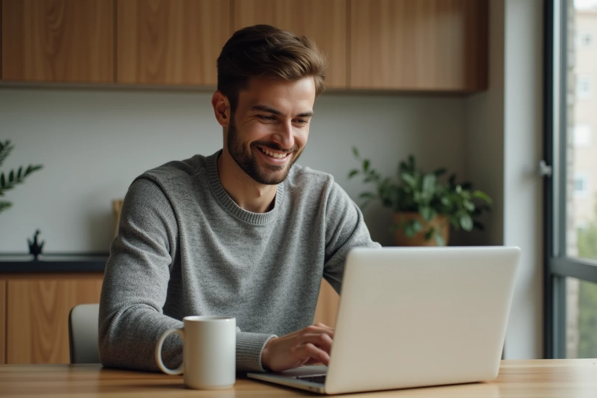 Jeune homme assis à une table de cuisine moderne avec un ordinateur portable