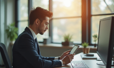 Jeune professionnel utilisant une tablette pour la banque en ligne dans un bureau lumineux