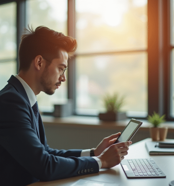 Jeune professionnel utilisant une tablette pour la banque en ligne dans un bureau lumineux