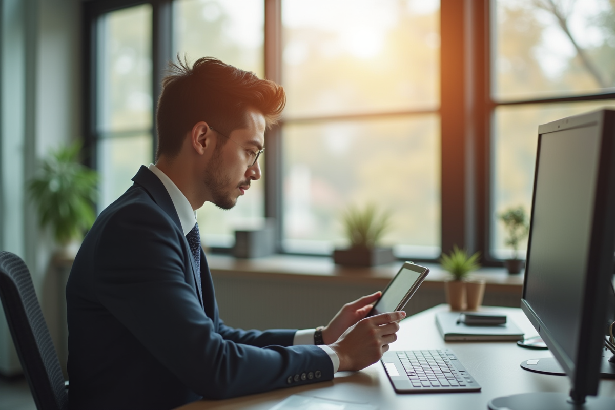 Jeune professionnel utilisant une tablette pour la banque en ligne dans un bureau lumineux