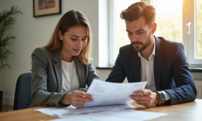 Jeune professionnel et femme examinant des fiches de paie