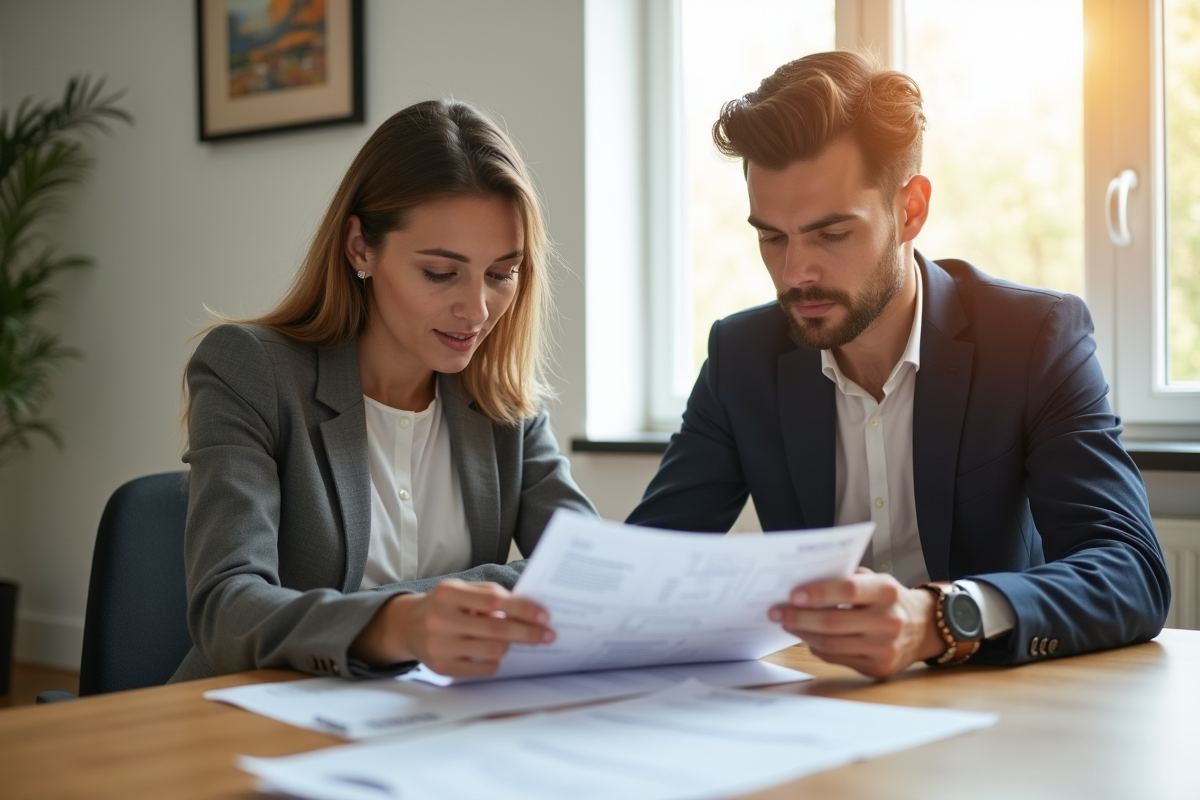 Jeune professionnel et femme examinant des fiches de paie
