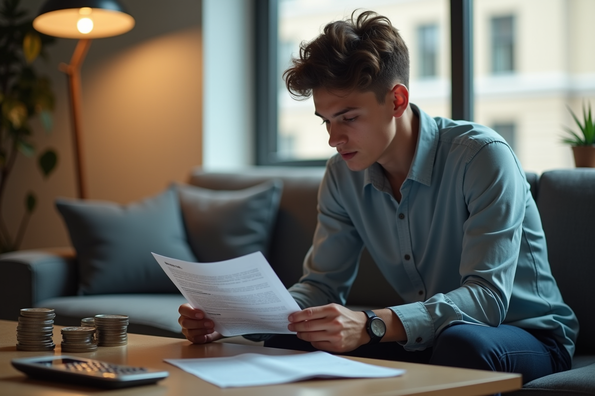 Jeune professionnel regardant un relevé bancaire sur un sofa