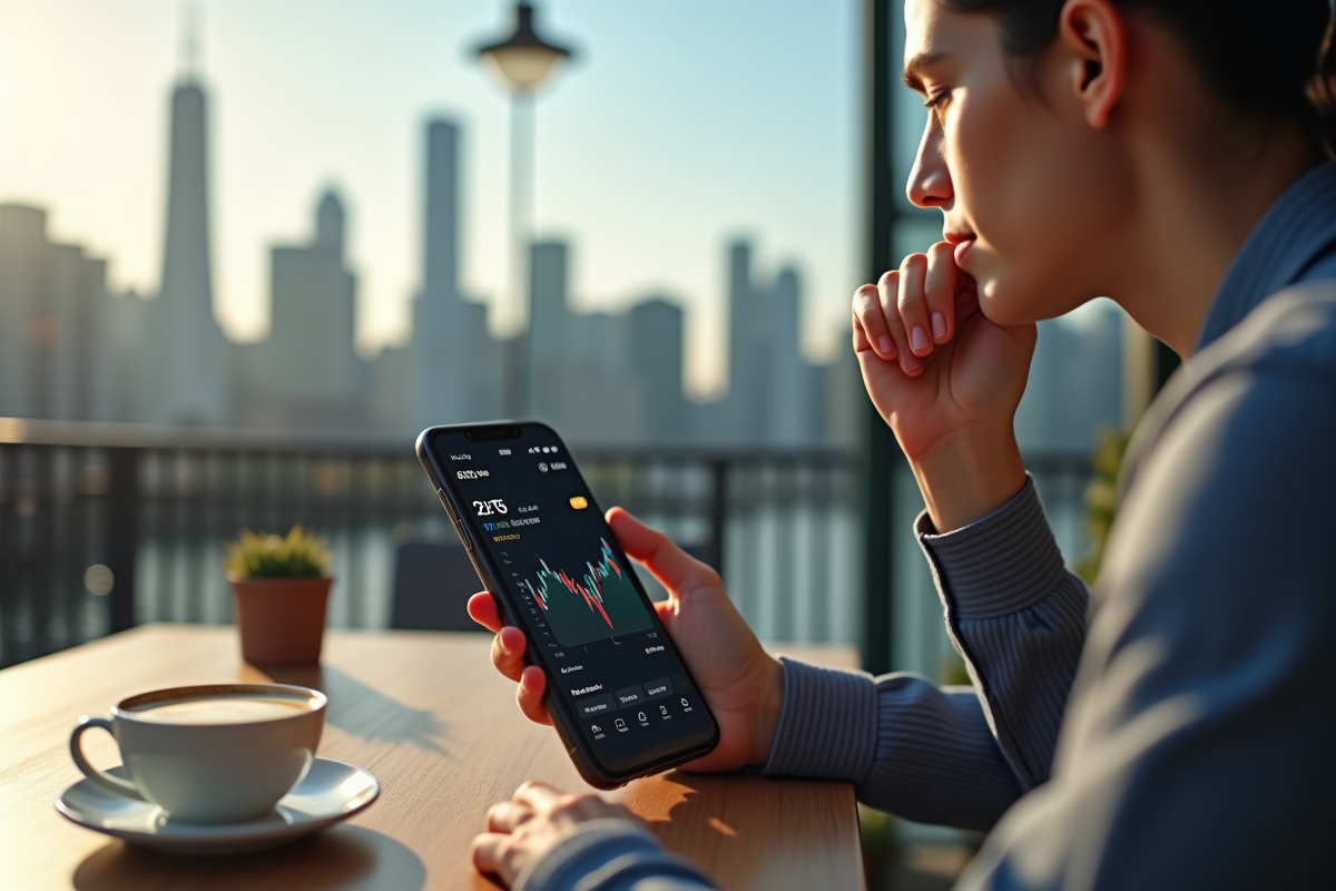 Jeune professionnel regardant son smartphone avec graphique Ethereum en extérieur
