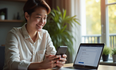 Jeune professionnel souriant avec smartphone dans un bureau moderne