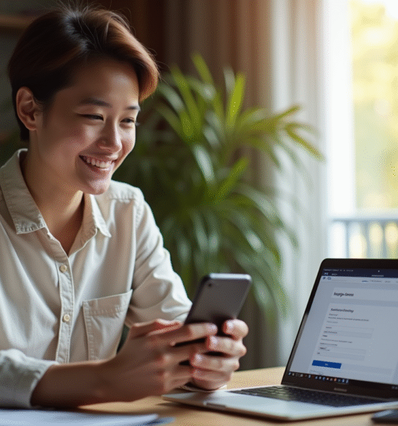 Jeune professionnel souriant avec smartphone dans un bureau moderne