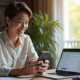 Jeune professionnel souriant avec smartphone dans un bureau moderne