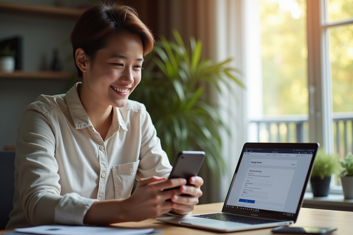 Jeune professionnel souriant avec smartphone dans un bureau moderne