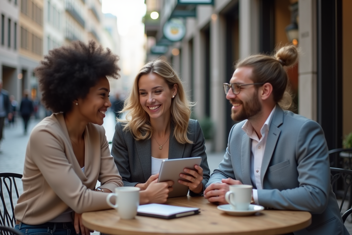 Jeunes professionnels discutant autour d un café en ville