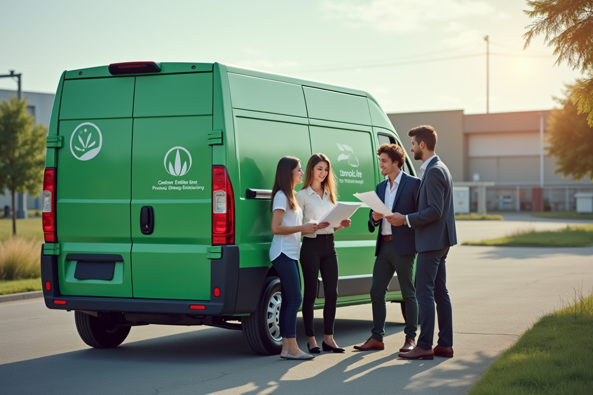 Groupe de jeunes professionnels discute devant un van vert