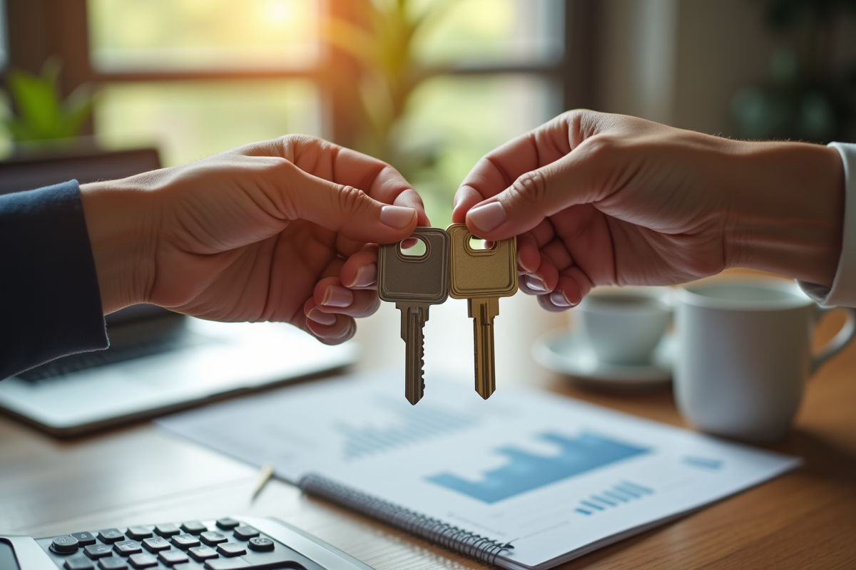 Mains tenant clés de maison avec graphiques financiers et café