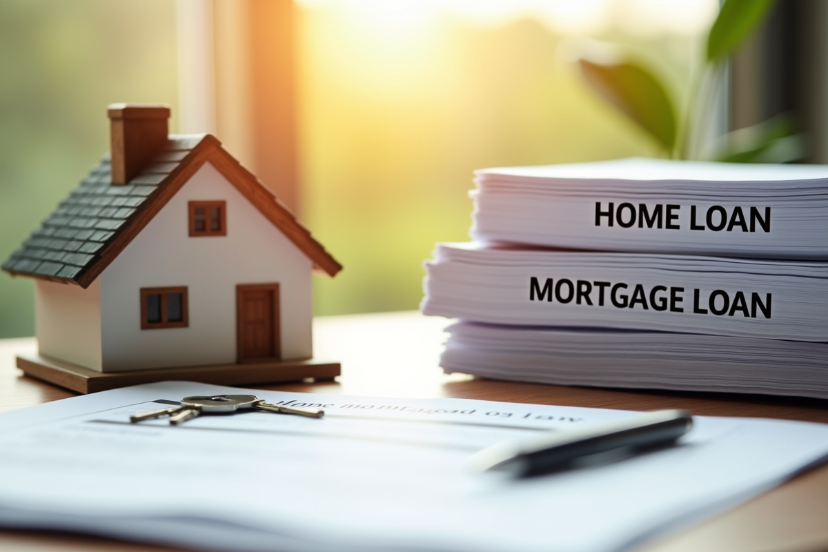 Modèle de maison avec documents de prêt immobilier sur un bureau ensoleille