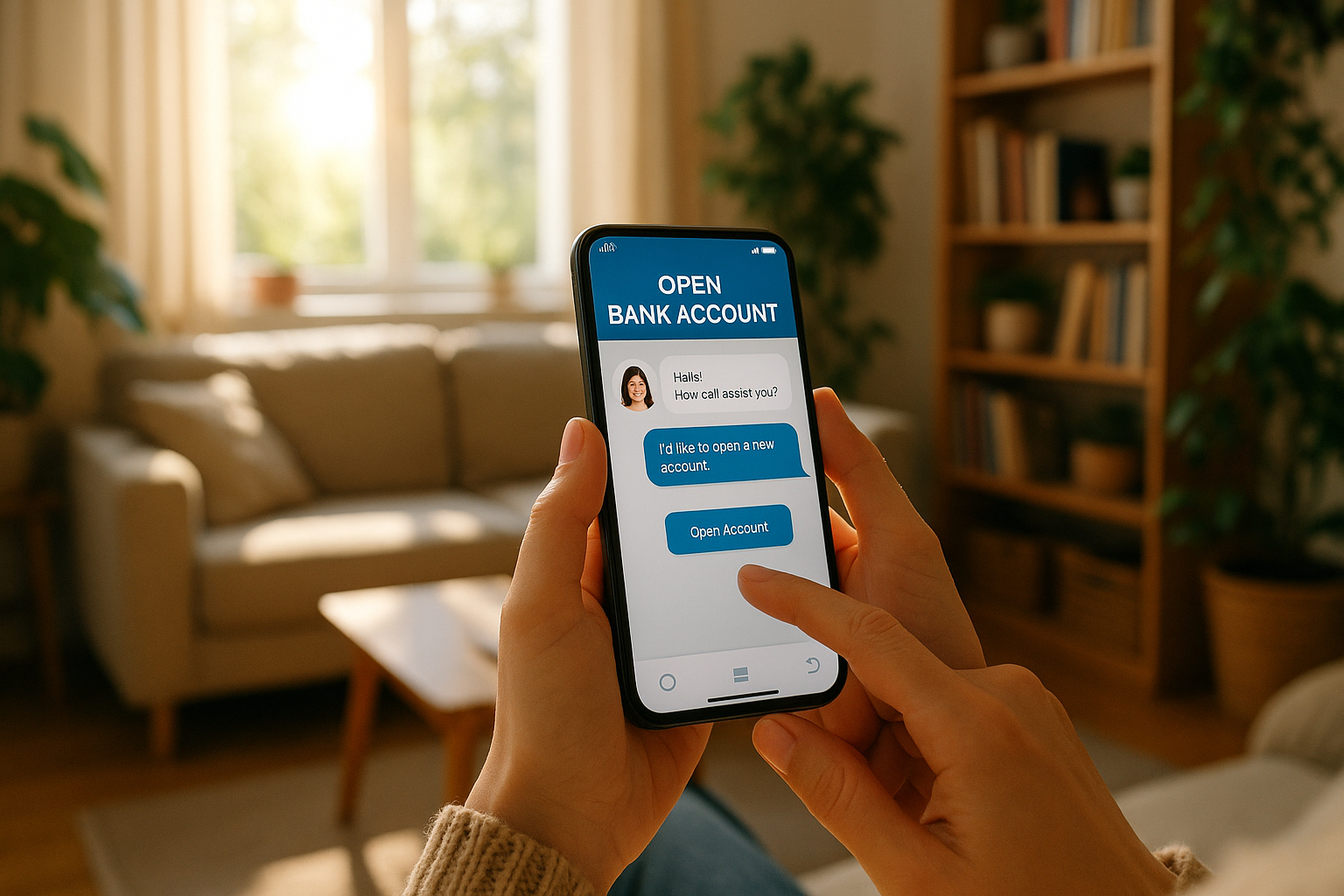 Personne utilisant smartphone pour ouvrir un compte bancaire à la maison