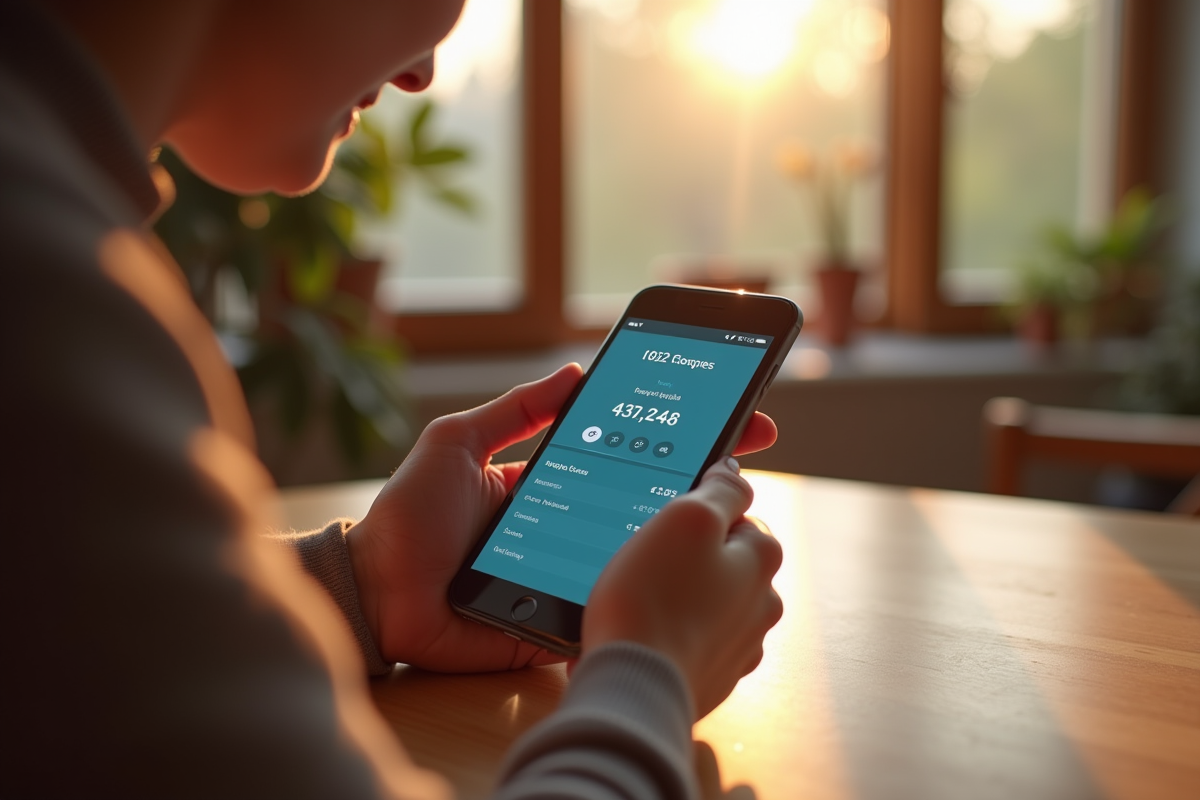 Personne consulte une application bancaire sur smartphone à la maison
