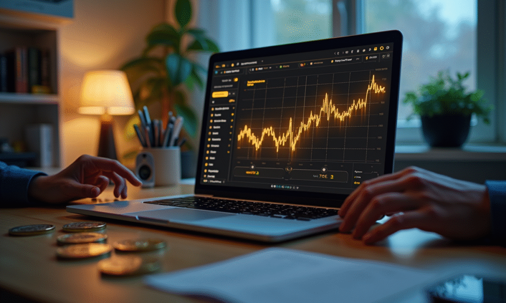 Laptop moderne avec portefeuille crypto lumineux dans un bureau lumineux