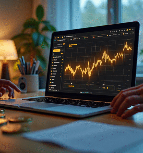 Laptop moderne avec portefeuille crypto lumineux dans un bureau lumineux