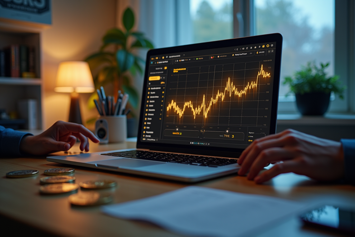 Laptop moderne avec portefeuille crypto lumineux dans un bureau lumineux