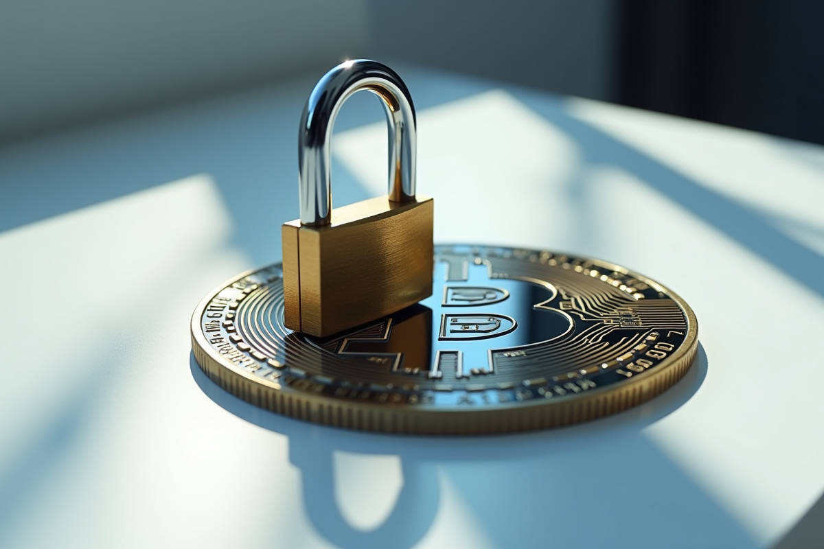 Cadenas brillant protégeant une pièce de circuit crypto sous lumière naturelle